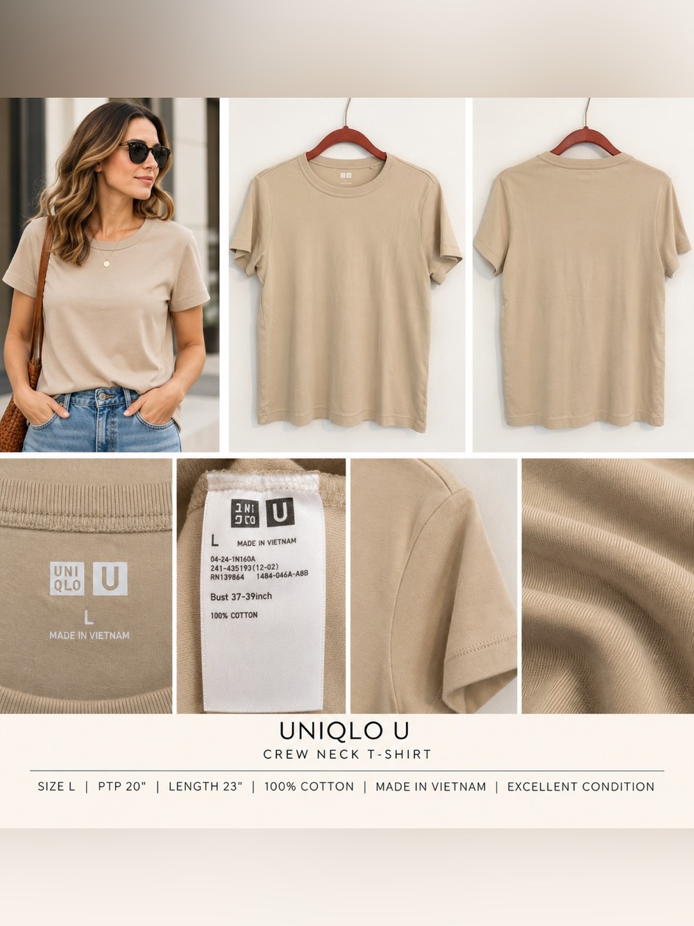 Uniqlo U Beige Crewneck T Shirt Size L Cotton Minimalist Capsule Basic
